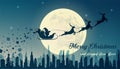 Santa Claus in sleigh and reindeer sled on background of full moon. Royalty Free Stock Photo